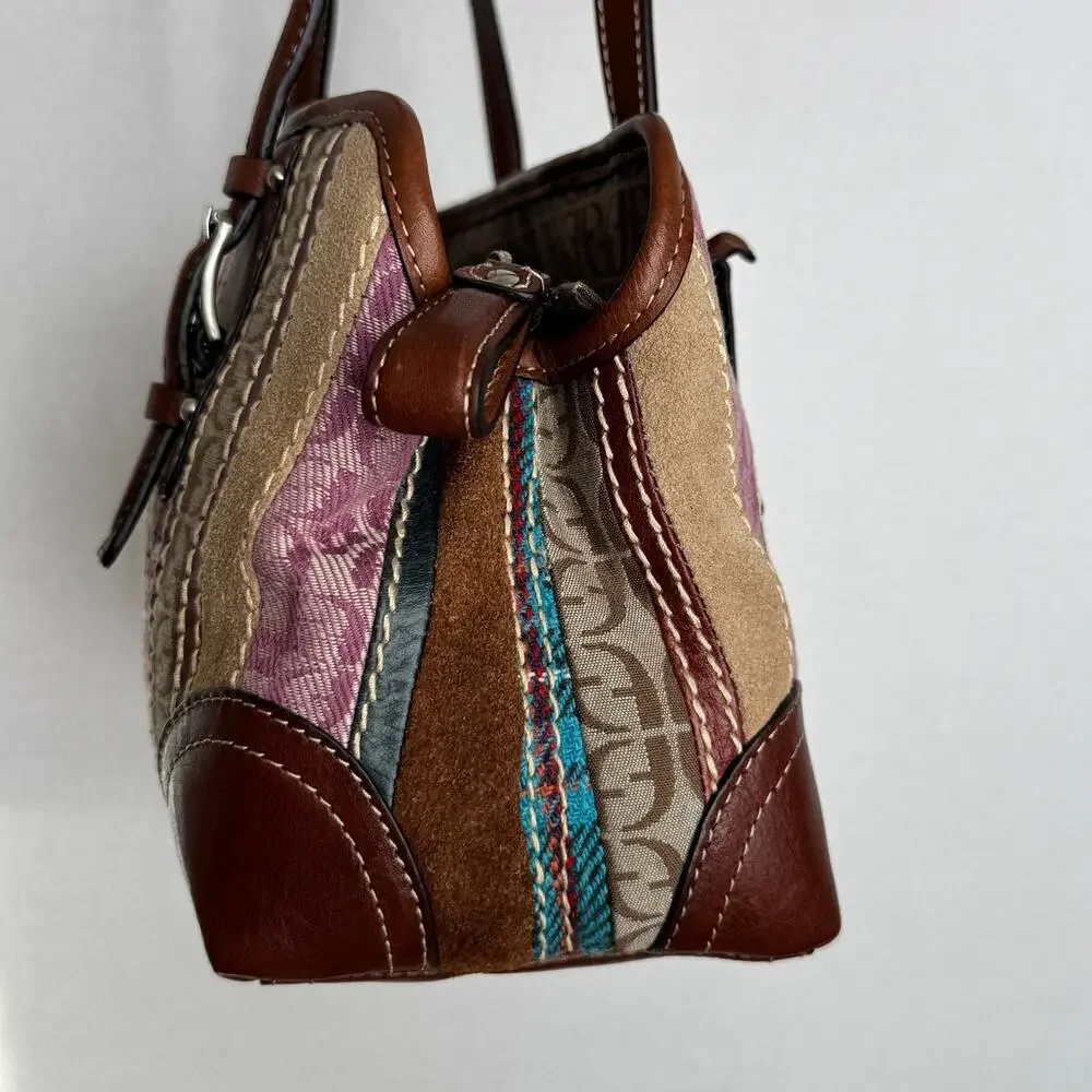 Fossil Signature Patchwork Double Handle Satchel Bag NWT Y2K Multicolor